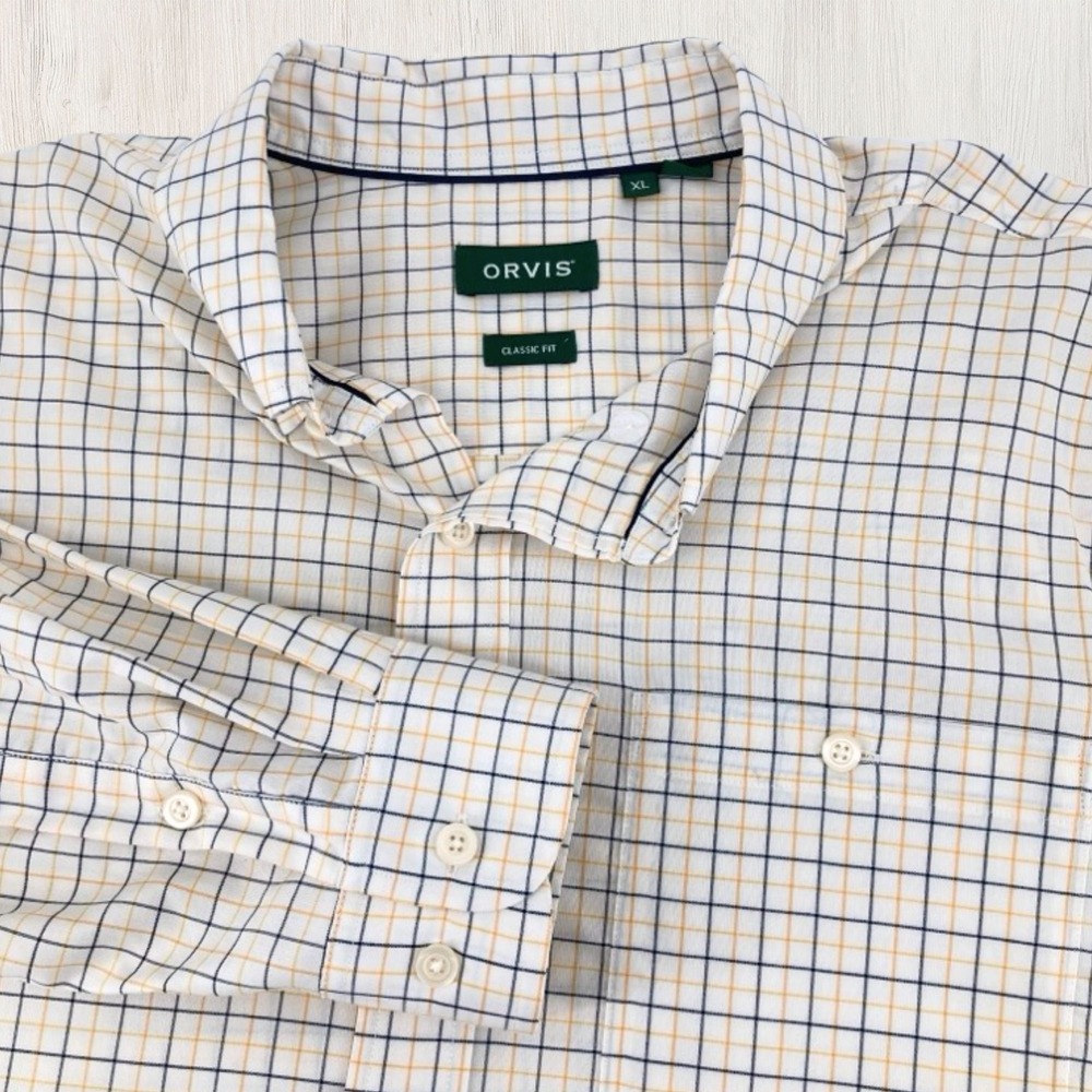 Orvis Men XL Classic Fit Wrinkle Free Tattersall Check Button Down Shirt Yellow